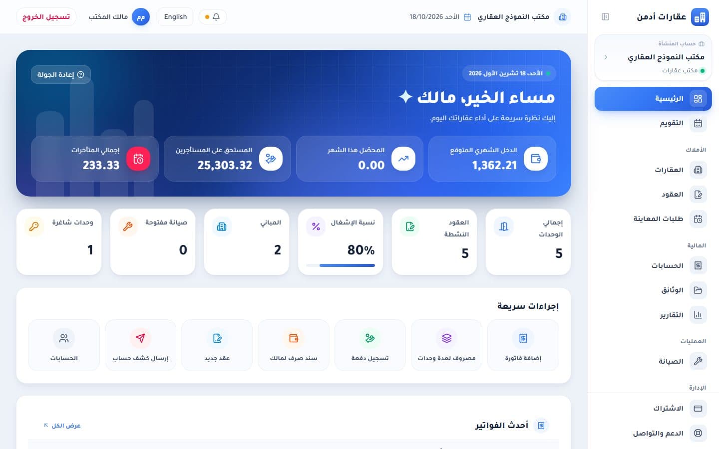 لوحة تحكم عقارات أدمن